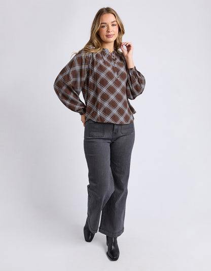Foxwood Edison Check Top - Chocolate Check | Relaxed Fit Soft Drape Check Blouse