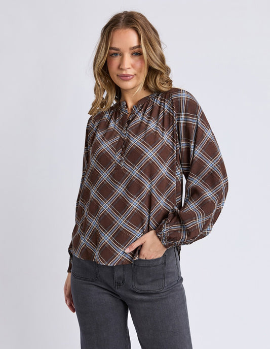 Foxwood Edison Check Top in Chocolate Check — lightweight viscose blouse with puff sleeves, split neckline and relaxed fit.
