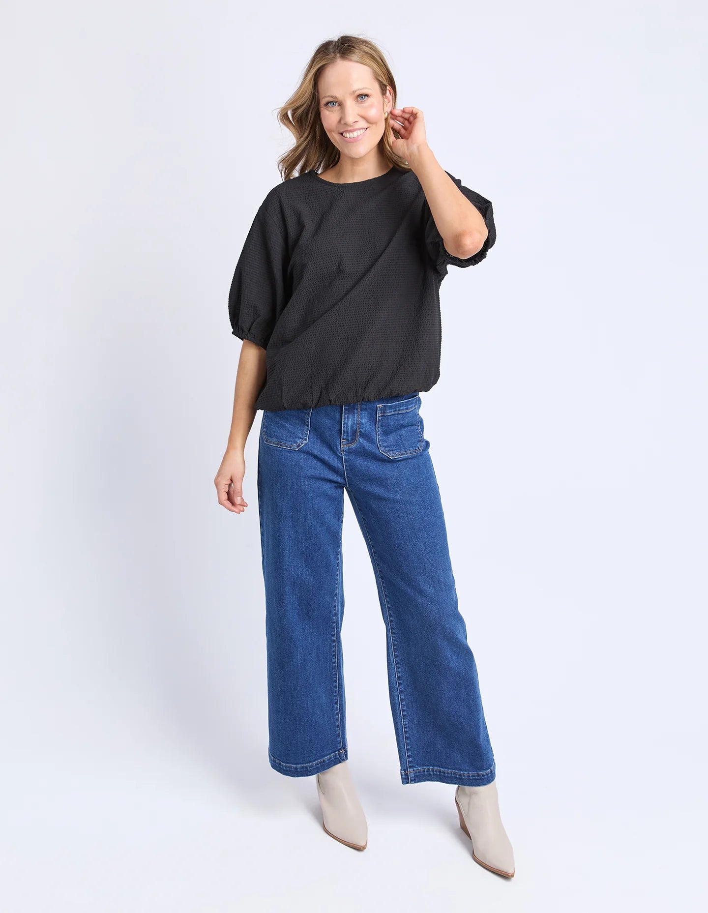 Elm Astrid Top - Black | Women’s Cotton Seersucker Top