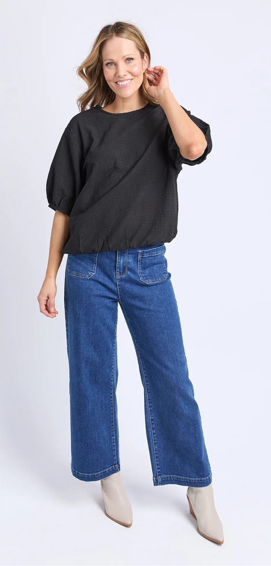 Elm Astrid Top - Black | Women’s Cotton Seersucker Top