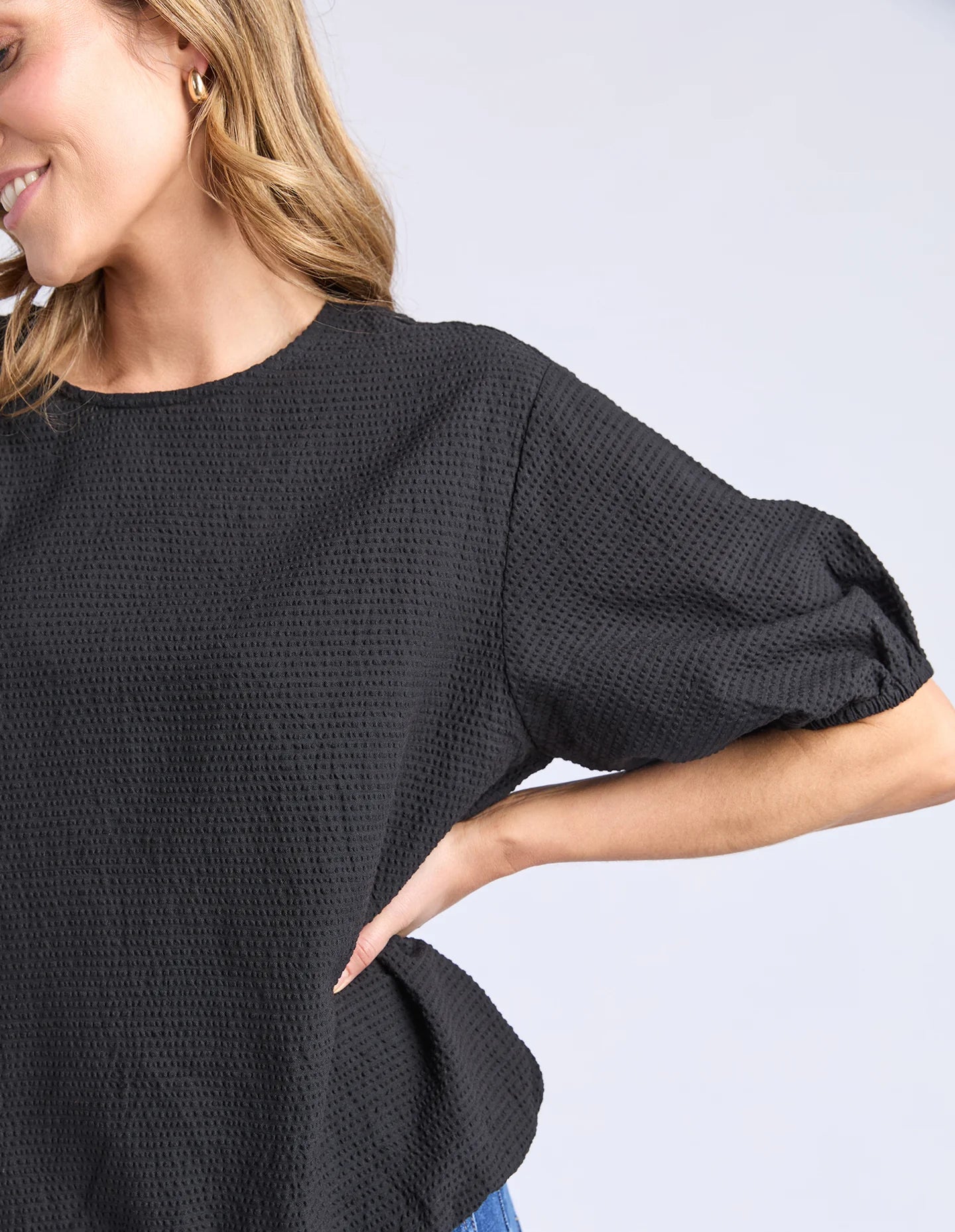 Elm Astrid Top - Black | Women’s Cotton Seersucker Top