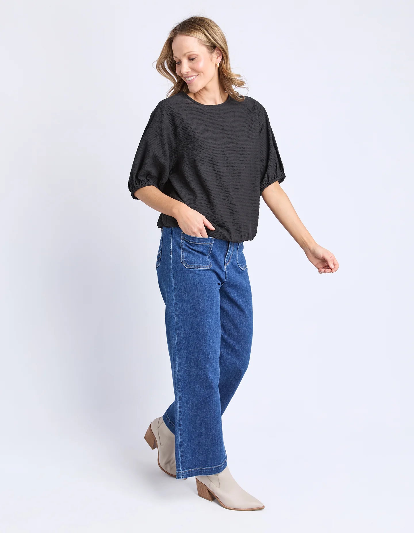 Elm Astrid Top - Black | Women’s Cotton Seersucker Top