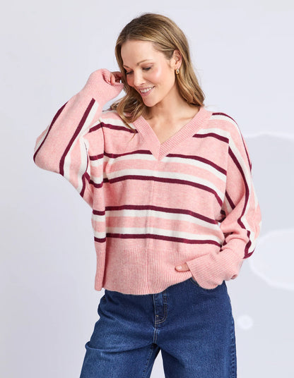Elm Elsa Stripe Knit in Rose Stripe with V‑neckline — Salt & Honey NZ