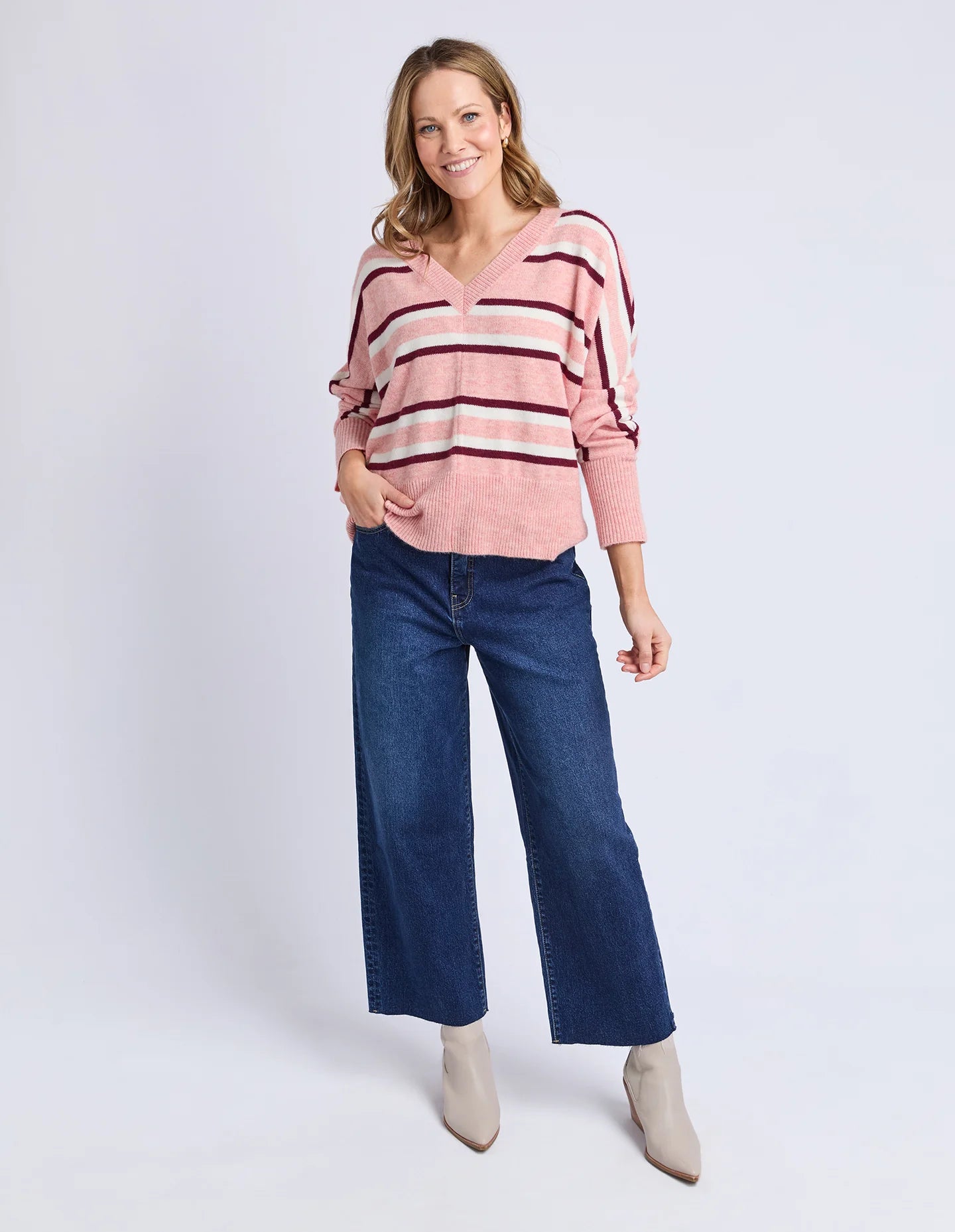 Elm Elsa Stripe Knit - Rose Stripe | Women's Cosy V Neck Knit Jumper