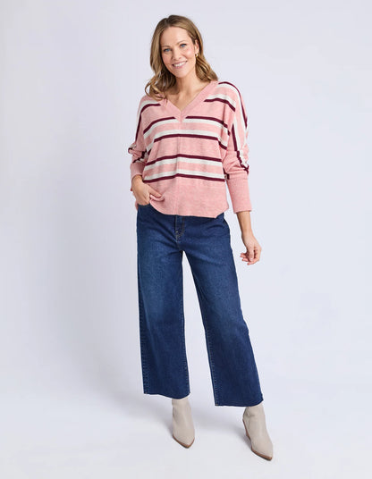Elm Elsa Stripe Knit - Rose Stripe | Women's Cosy V Neck Knit Jumper