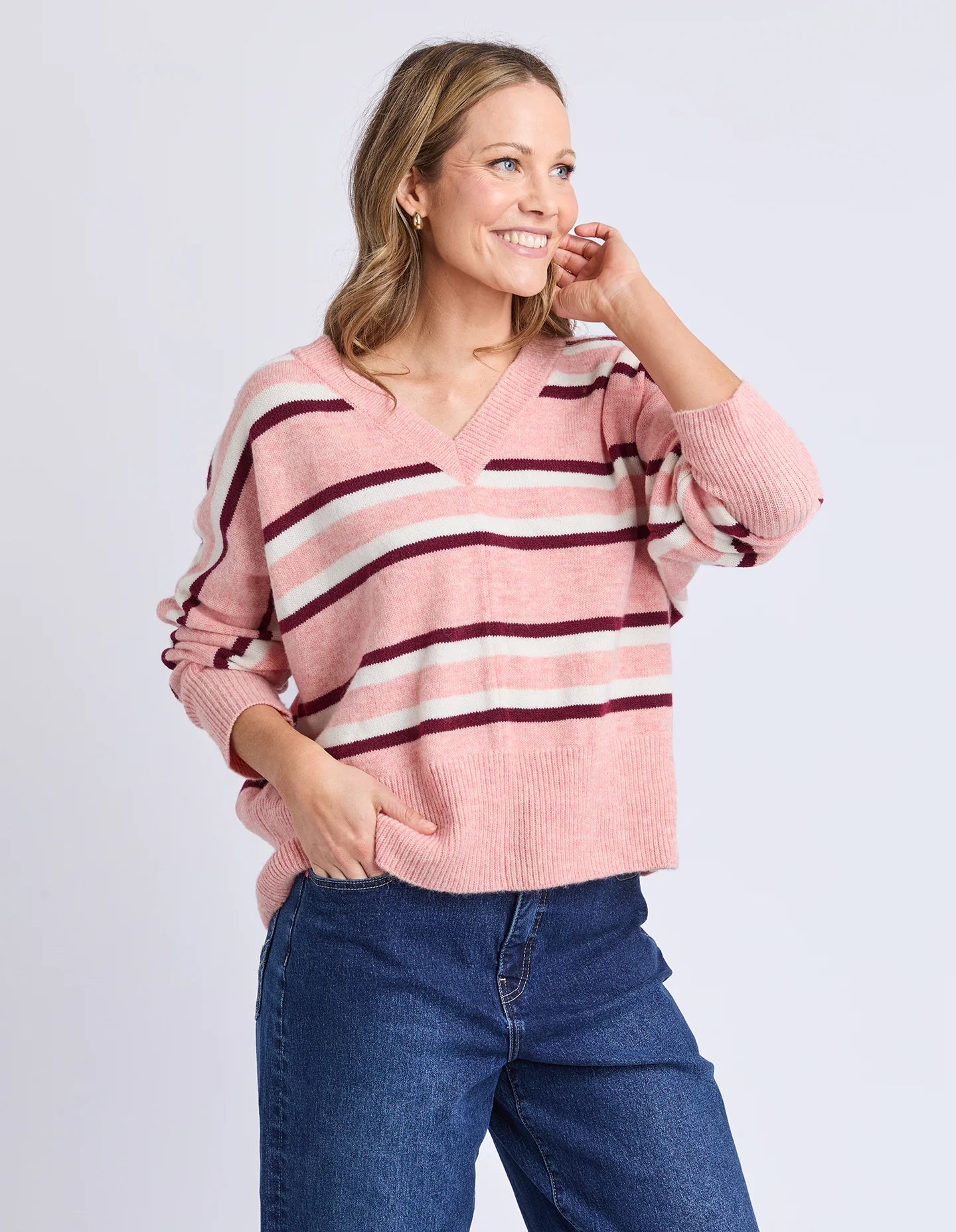 V‑neckline detail on Elm Elsa Stripe Knit