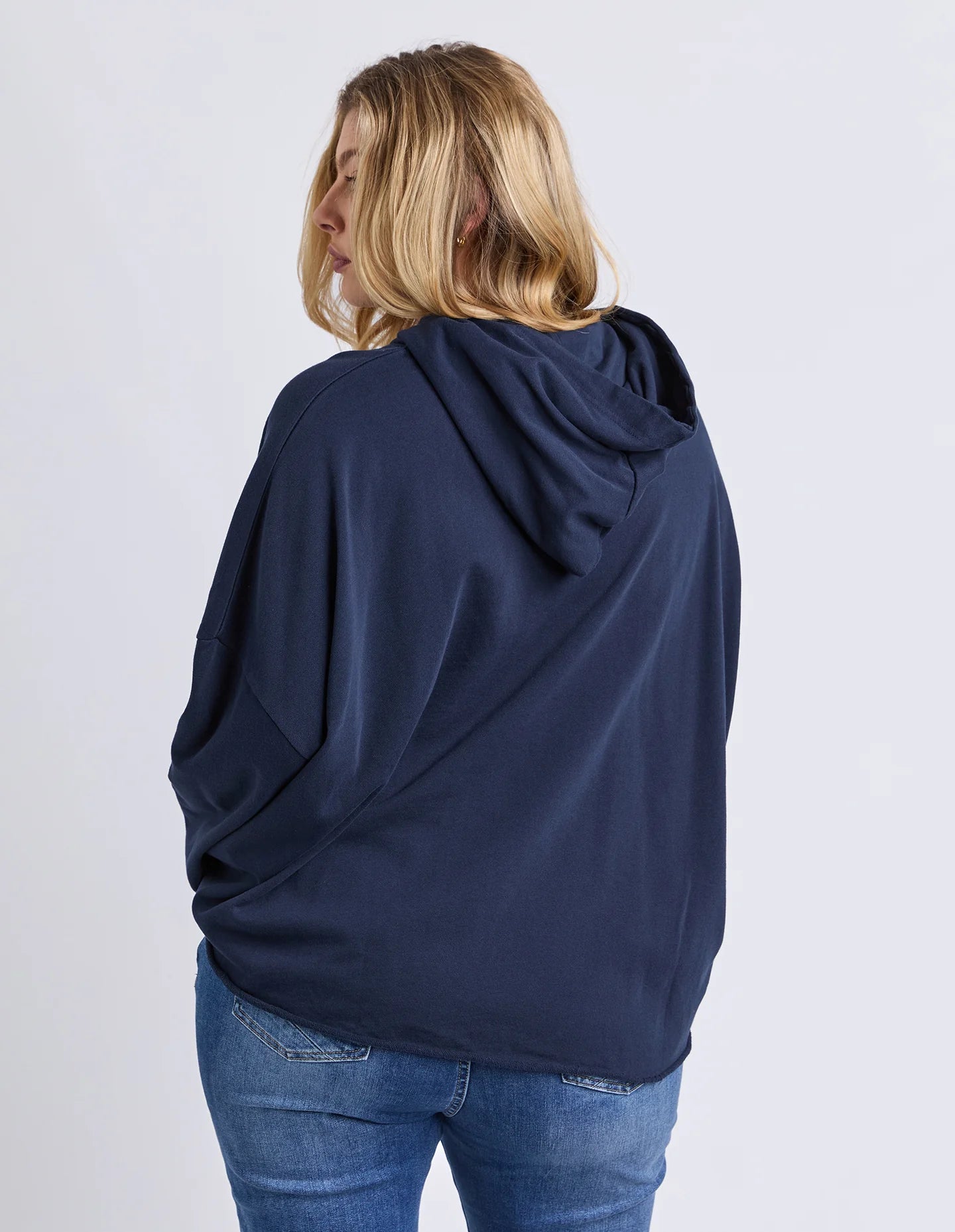 Back view of Elm Gab Hoodie in Dark Sapphire — oversized silhouette