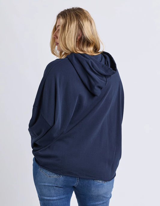 Back view of Elm Gab Hoodie in Dark Sapphire — oversized silhouette