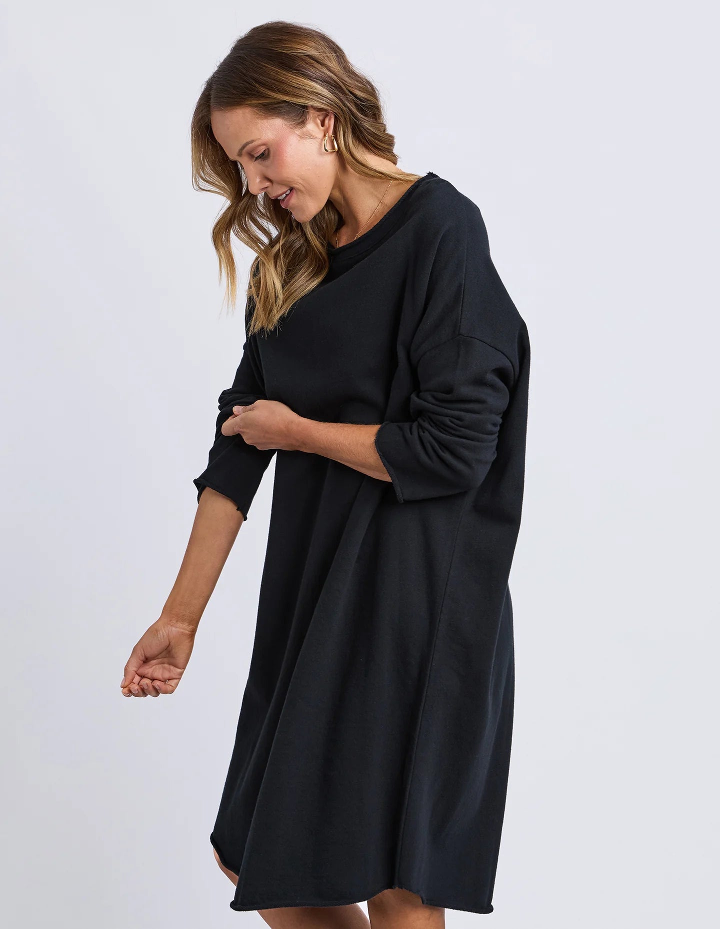 Elm Gab Long Sleeve Dress - Black | Women's Oversized Cotton Fleece Casual Dress