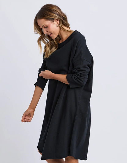 Elm Gab Long Sleeve Dress - Black | Women's Oversized Cotton Fleece Casual Dress