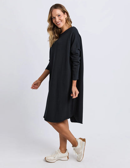 Elm Gab Long Sleeve Dress - Black | Women's Oversized Cotton Fleece Casual Dress
