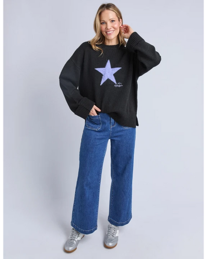 Elm Intarsia Star Knit - Black | Relaxed Fit Wool Blend Jumper