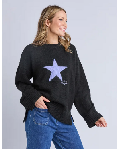 Elm Intarsia Star Knit - Black | Relaxed Fit Wool Blend Jumper