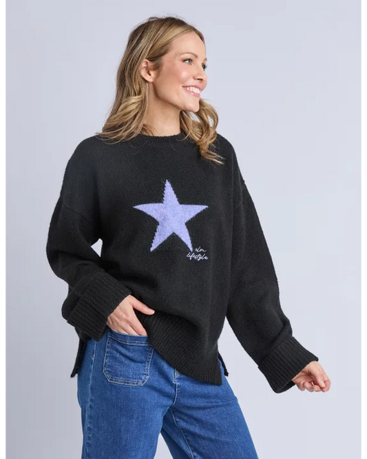 Elm Intarsia Star Knit - Black | Relaxed Fit Wool Blend Jumper