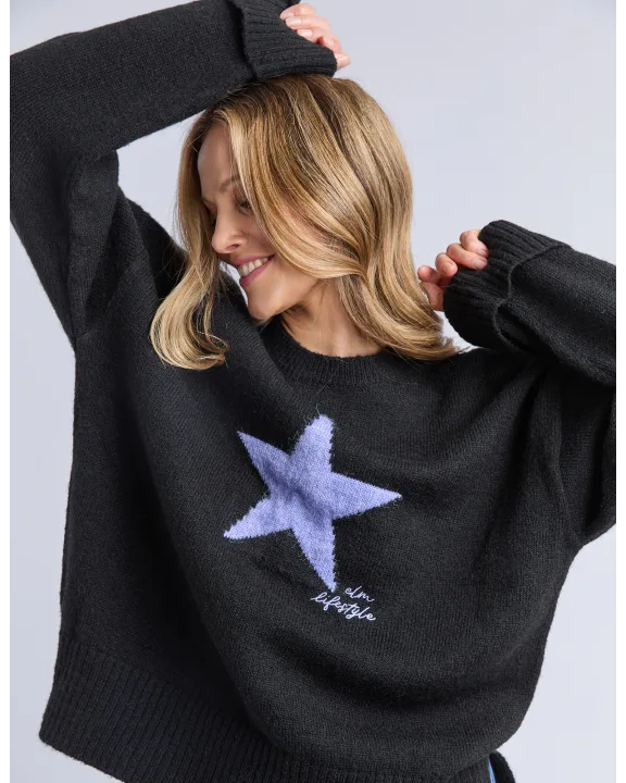 Elm Intarsia Star Knit - Black | Relaxed Fit Wool Blend Jumper