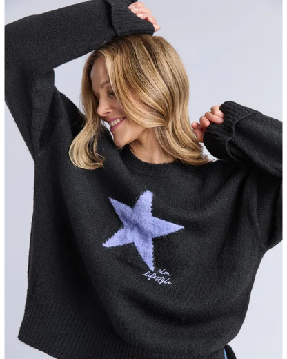 Elm Intarsia Star Knit - Black | Relaxed Fit Wool Blend Jumper