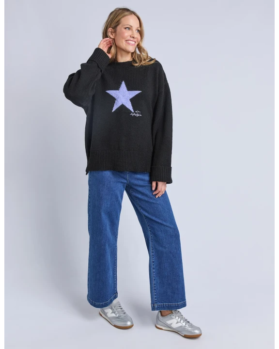 Elm Intarsia Star Knit - Black | Relaxed Fit Wool Blend Jumper