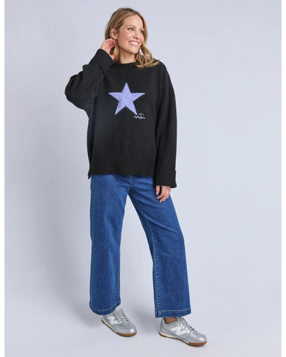 Elm Intarsia Star Knit - Black | Relaxed Fit Wool Blend Jumper