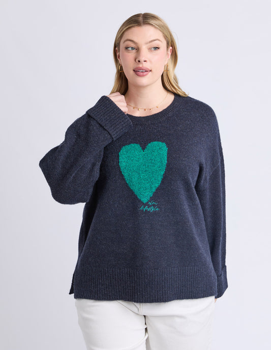 Elm Intersia Heart Knit in Navy – front view with heart design
