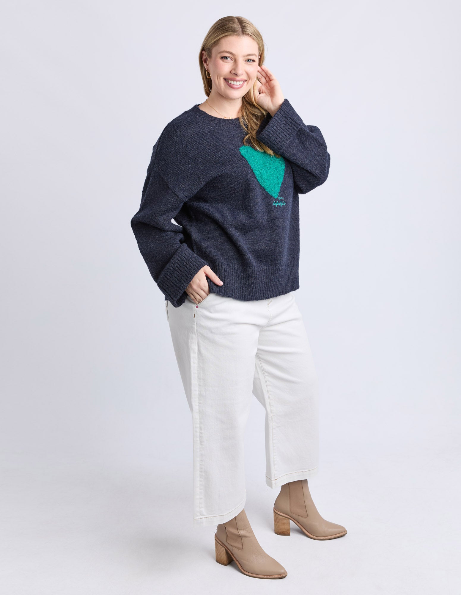 Navy relaxed fit heart knit – lifestyle look