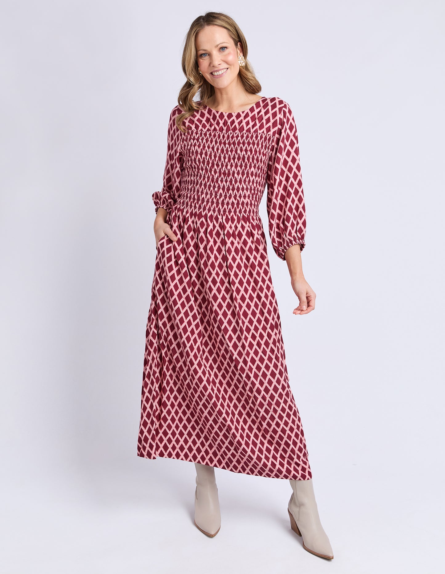 Elm Kiruna Dress in Diamond Print with relaxed drape — Salt & Honey NZ