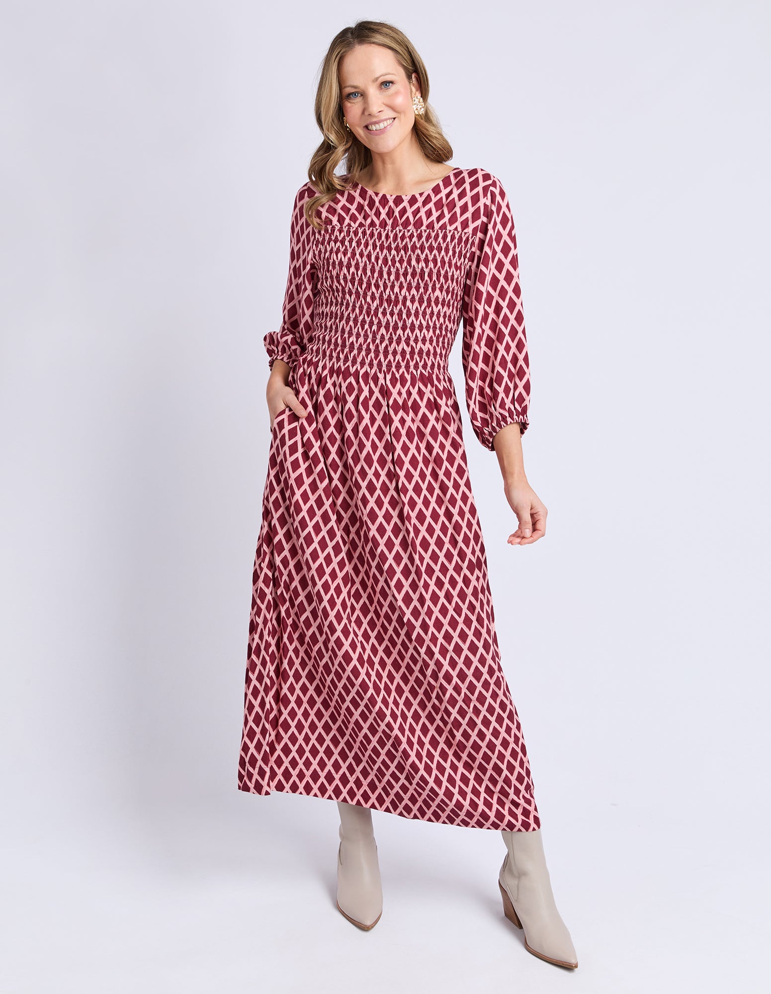 Elm Kiruna Dress in Diamond Print with relaxed drape — Salt & Honey NZ