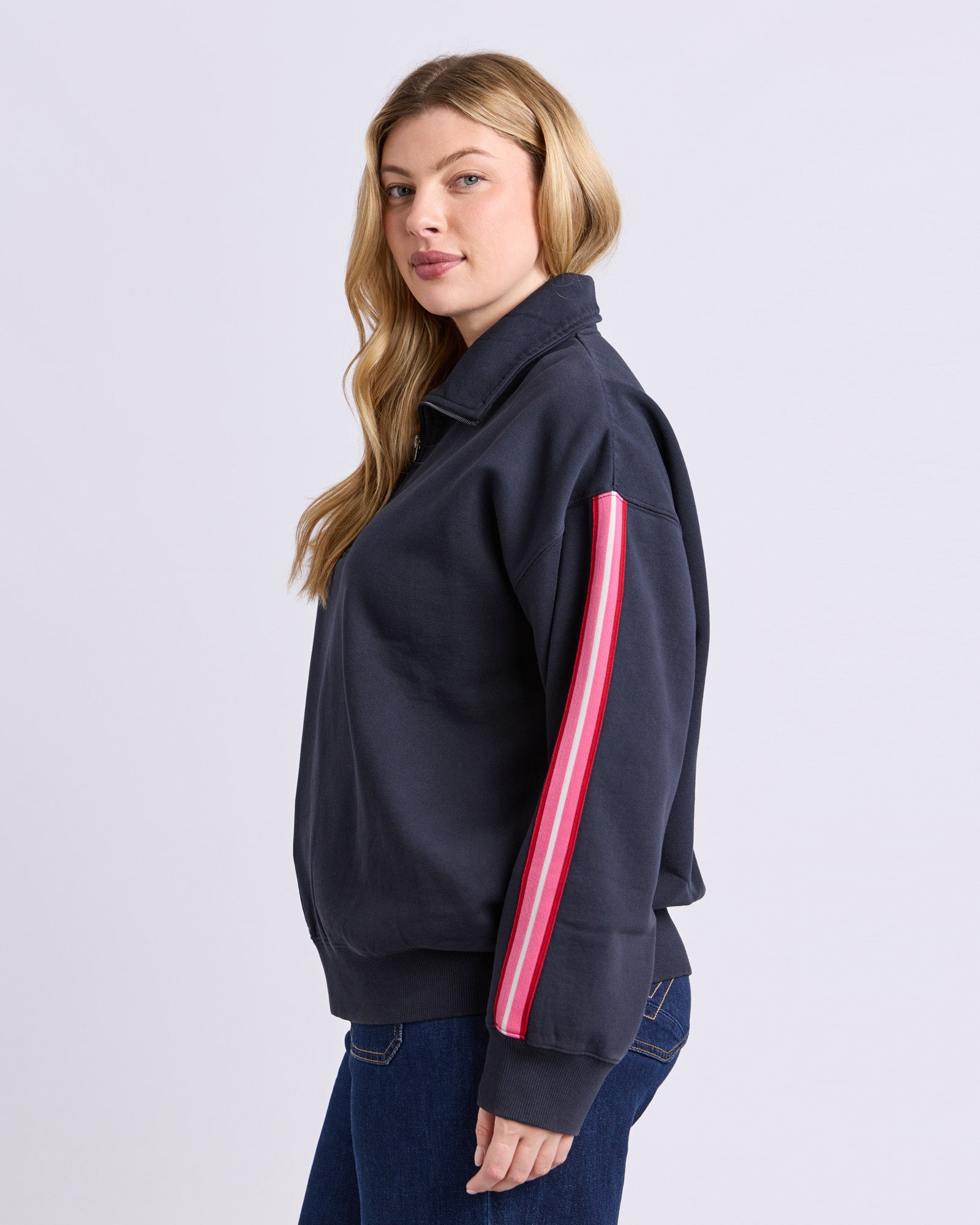 Elm navy brushed‑fleece jumper with sleeve tape detail