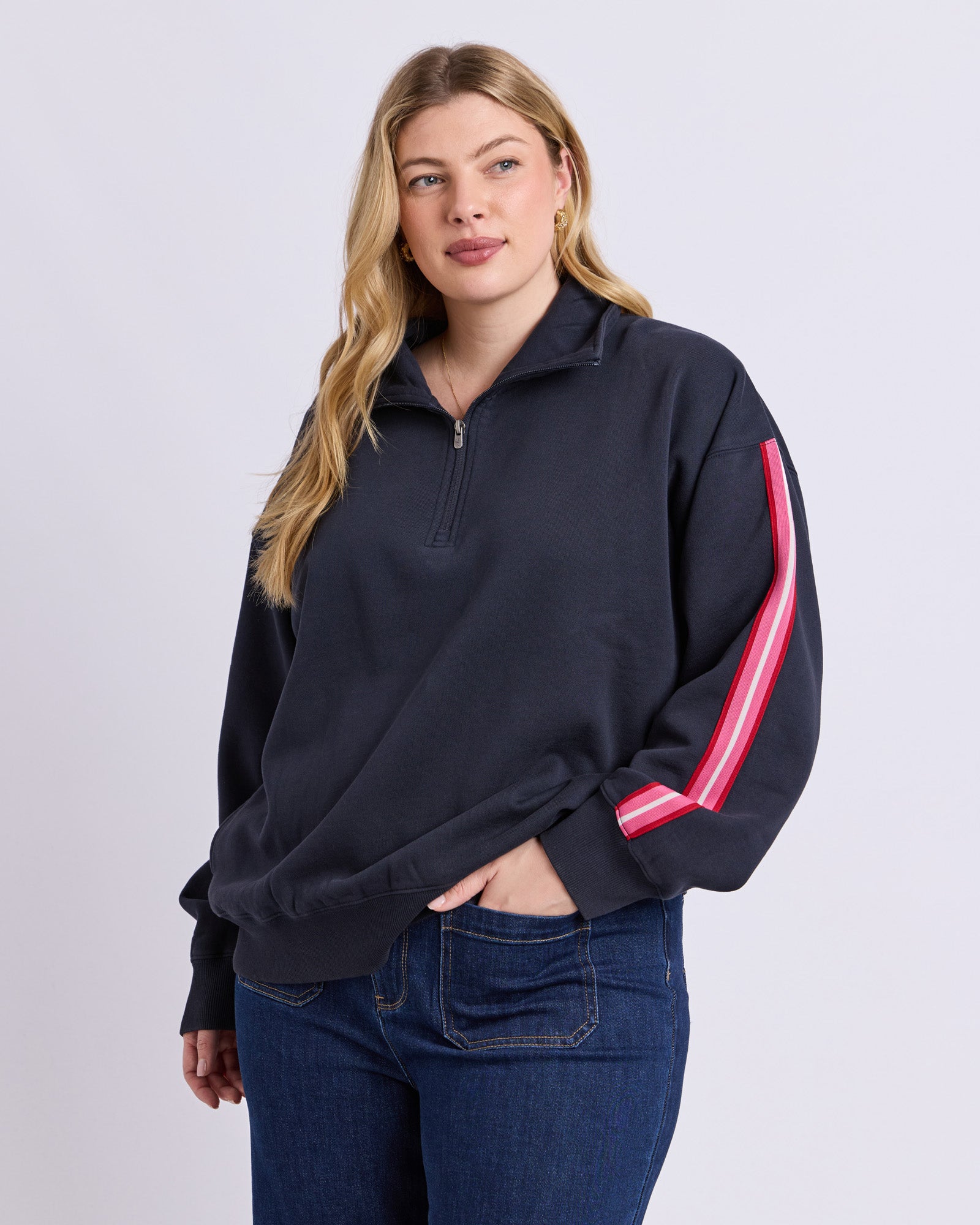 Elm Lover 1/4 Zip in Navy with colourful sleeve tape, front view