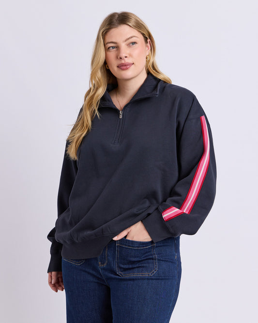 Elm Lover 1/4 Zip in Navy with colourful sleeve tape, front view