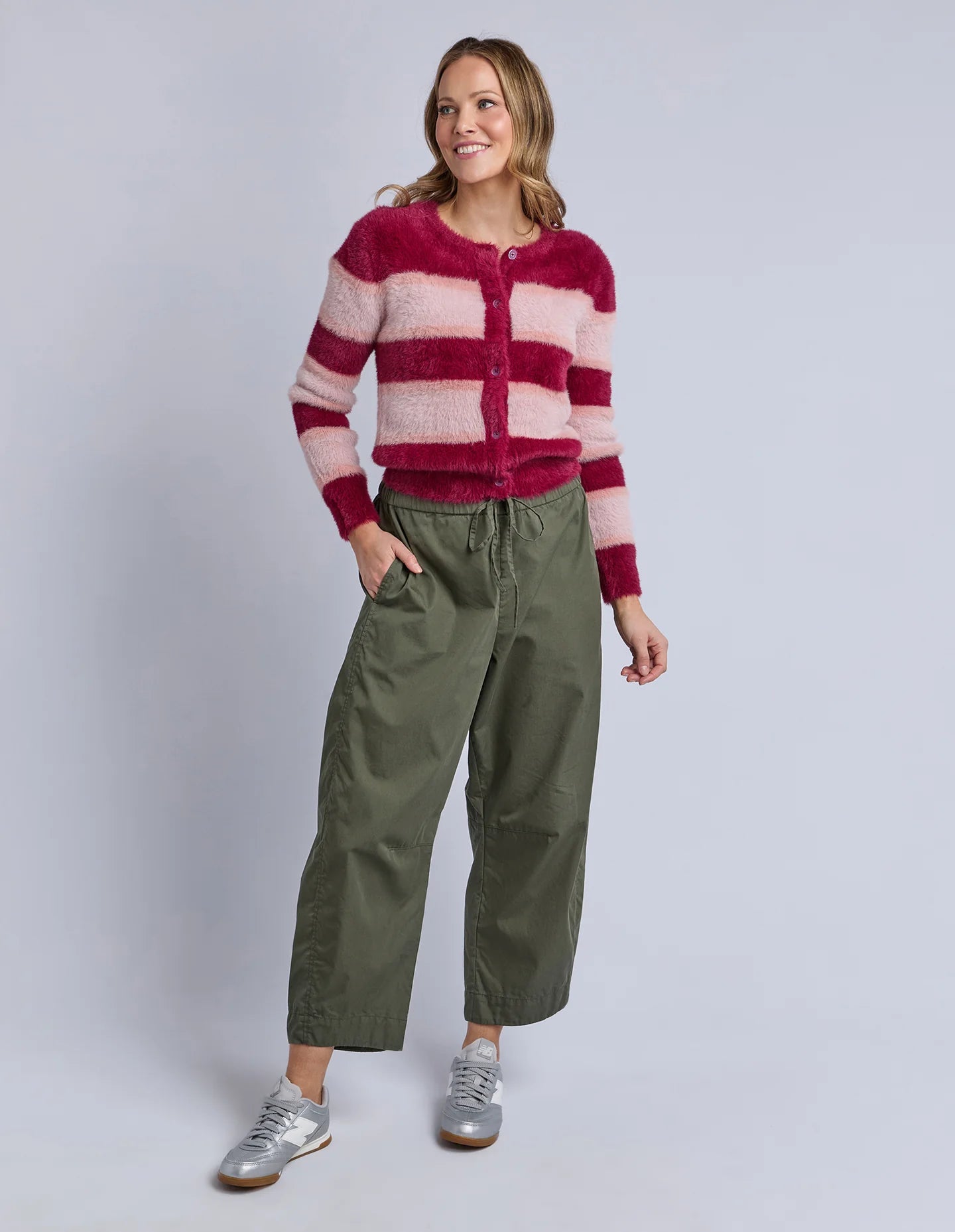 Model wearing Elm Lund Barrel Leg Pant in Basil — casual NZ style