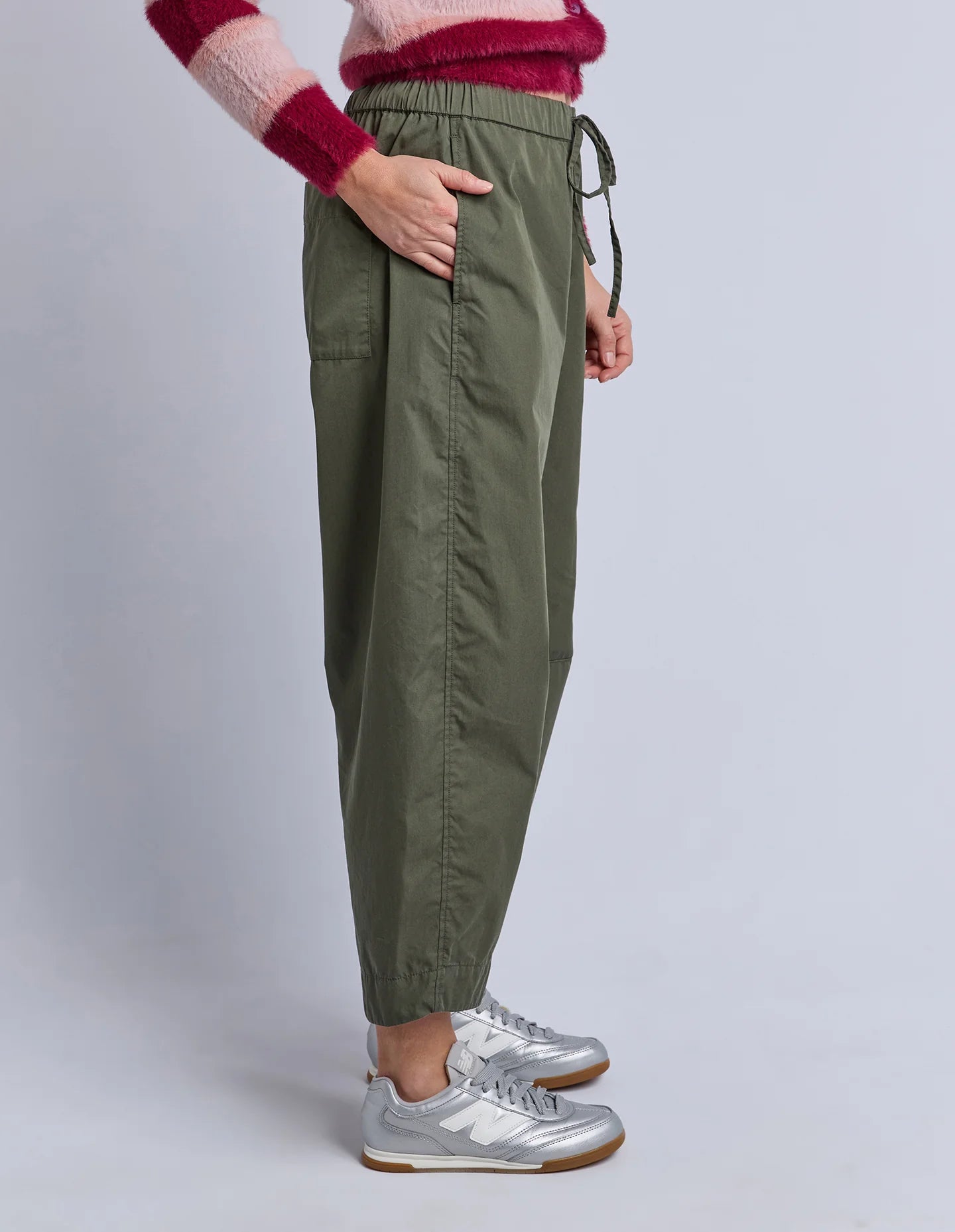 Side profile of Elm Lund Barrel Leg Pant showing subtle barrel shape