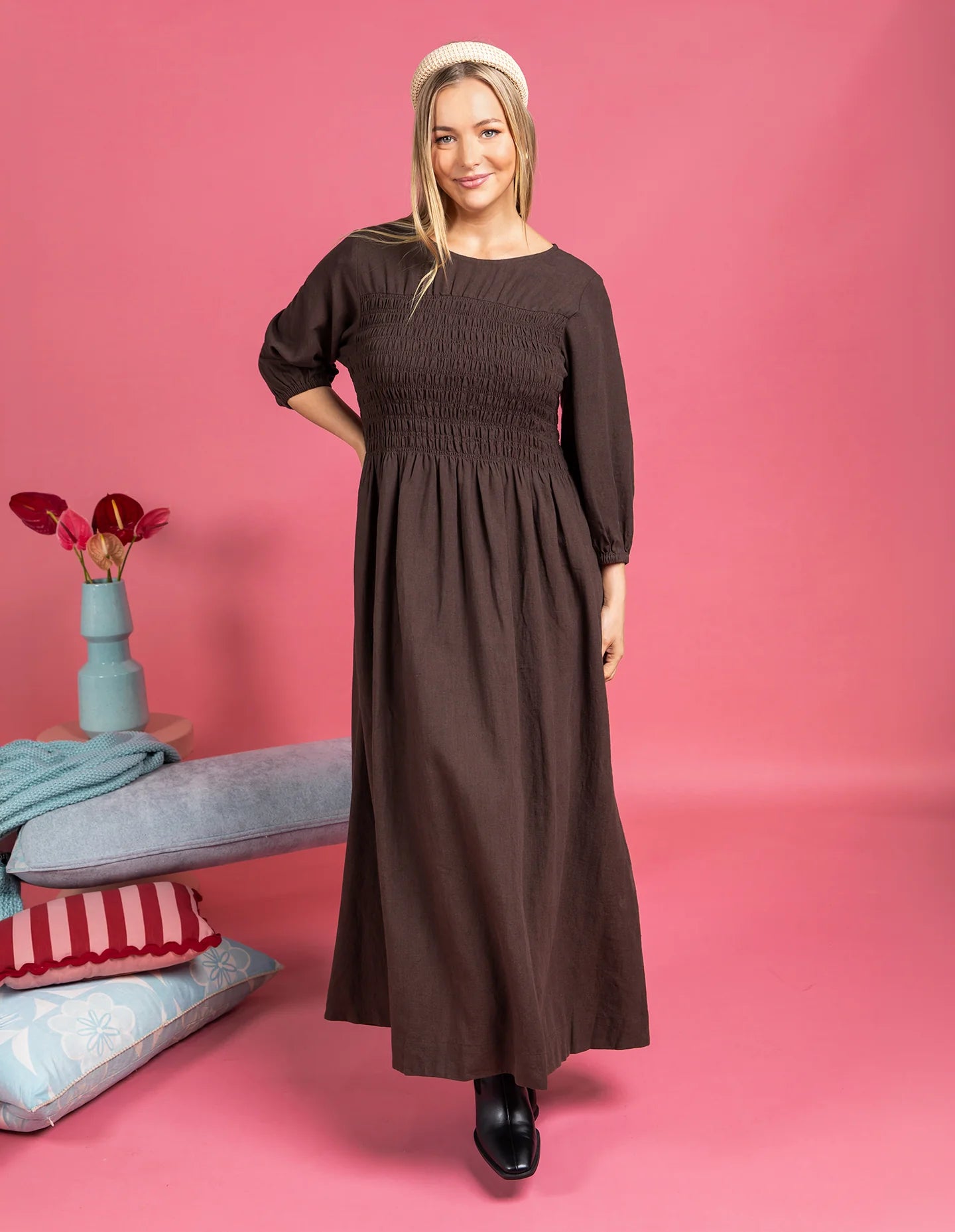 Elm Nora Shirred Dress - Chocolate | Women's Linen Blend Midi Dress