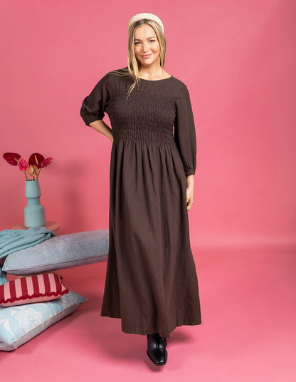 Elm Nora Shirred Dress - Chocolate | Women's Linen Blend Midi Dress