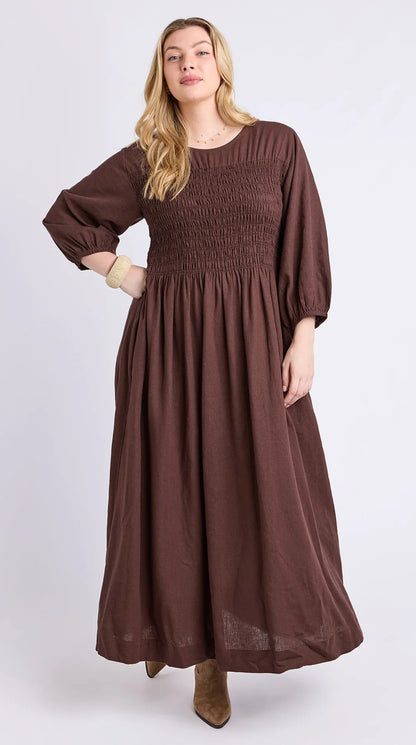 Elm Nora Shirred Dress - Chocolate | Women's Linen Blend Midi Dress