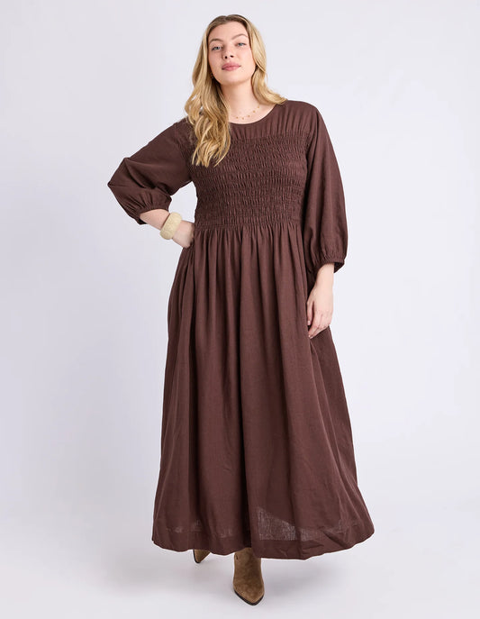 Elm Nora Shirred Dress - Chocolate | Women's Linen Blend Midi Dress