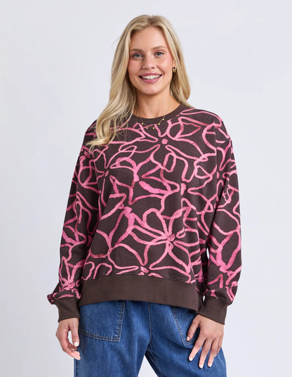 Elm Palma Crew - Chocolate & Pink | Women's Cotton All Over Print Sweatshirt