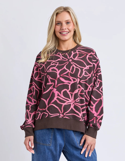 Elm Palma Crew - Chocolate & Pink | Women's Cotton All Over Print Sweatshirt