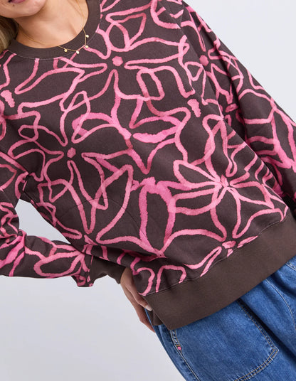 Elm Palma Crew - Chocolate & Pink | Women's Cotton All Over Print Sweatshirt