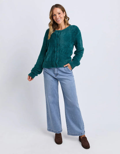 Teal fluffy knit cardigan – lifestyle look