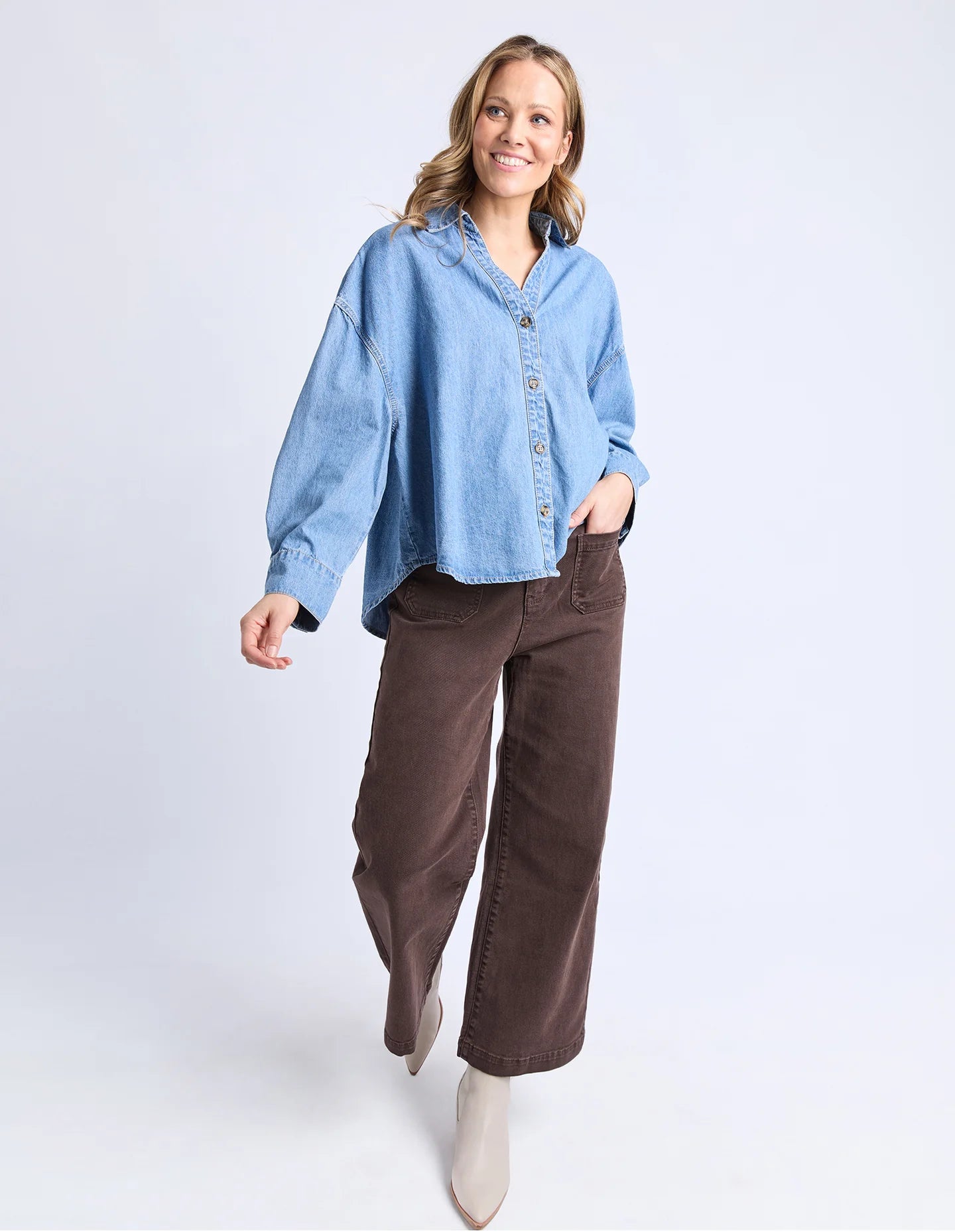 Elm Petra Denim Shirt - Mid Blue Wash | Women's Lightweight Denim Shirt