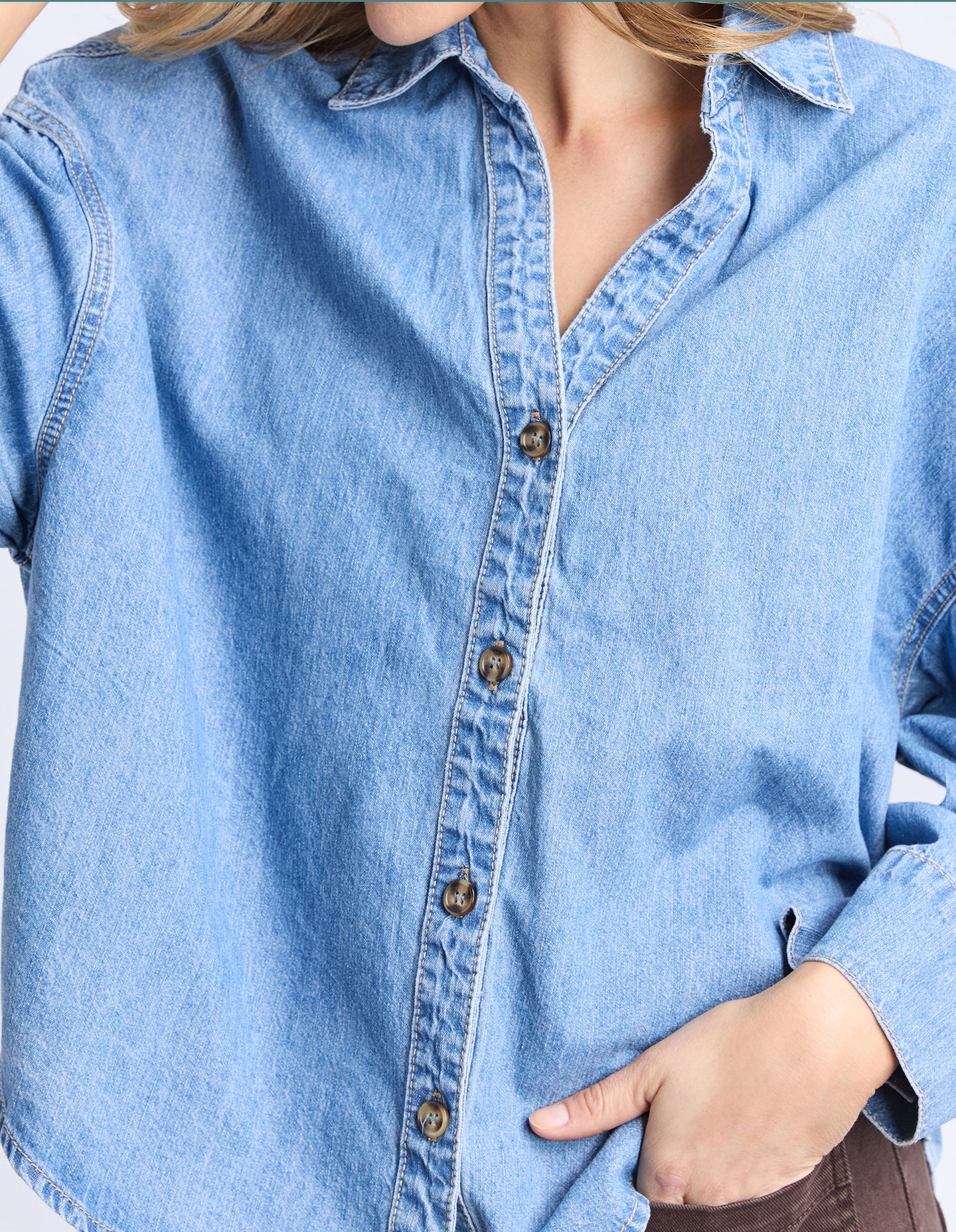 Elm Petra Denim Shirt - Mid Blue Wash | Women's Lightweight Denim Shirt