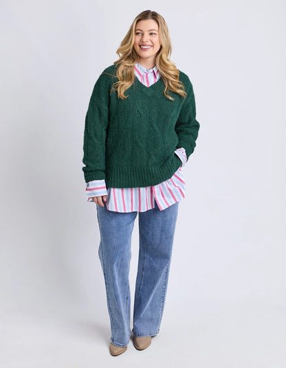 Elm Tallulah Cable Knit - Dark Green | Women’s V-Neck Cable Knit Jumper