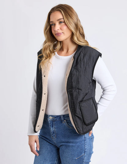 Front view of the Foxwood Alberta Vest in Black showing quilted body and snap opening.