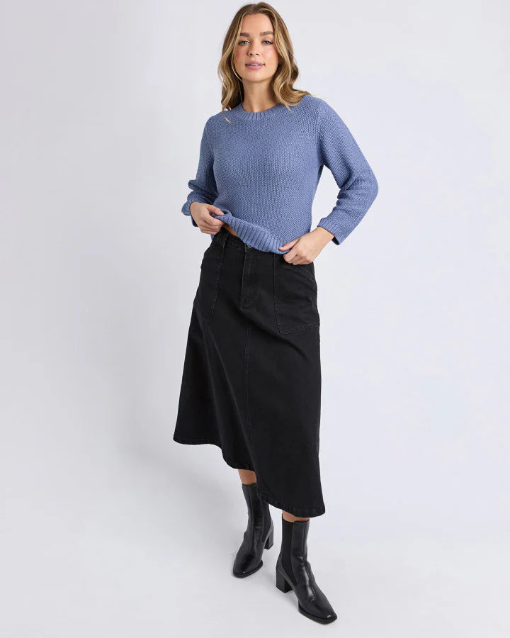 Front view of the Foxwood Blair Knit in Country Blue showing relaxed silhouette and rib trims.

