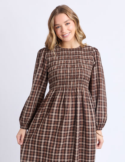 Foxwood Coco Check Dress - Coffee Check | Women's Everyday Shirred Midi Dress