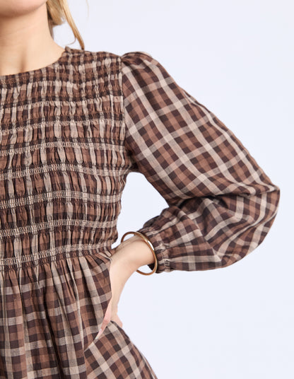 Foxwood Coco Check Dress - Coffee Check | Women's Everyday Shirred Midi Dress
