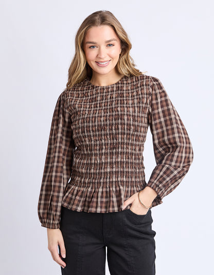 Foxwood Coco Check Top - Coffee Check | Women's Shirred Cotton Blouse