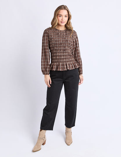 Foxwood Coco Check Top - Coffee Check | Women's Shirred Cotton Blouse