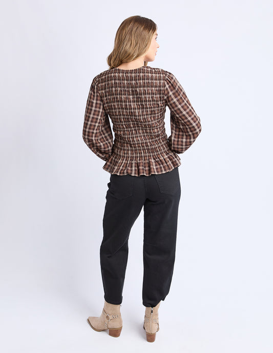 Foxwood Coco Check Top - Coffee Check | Women's Shirred Cotton Blouse