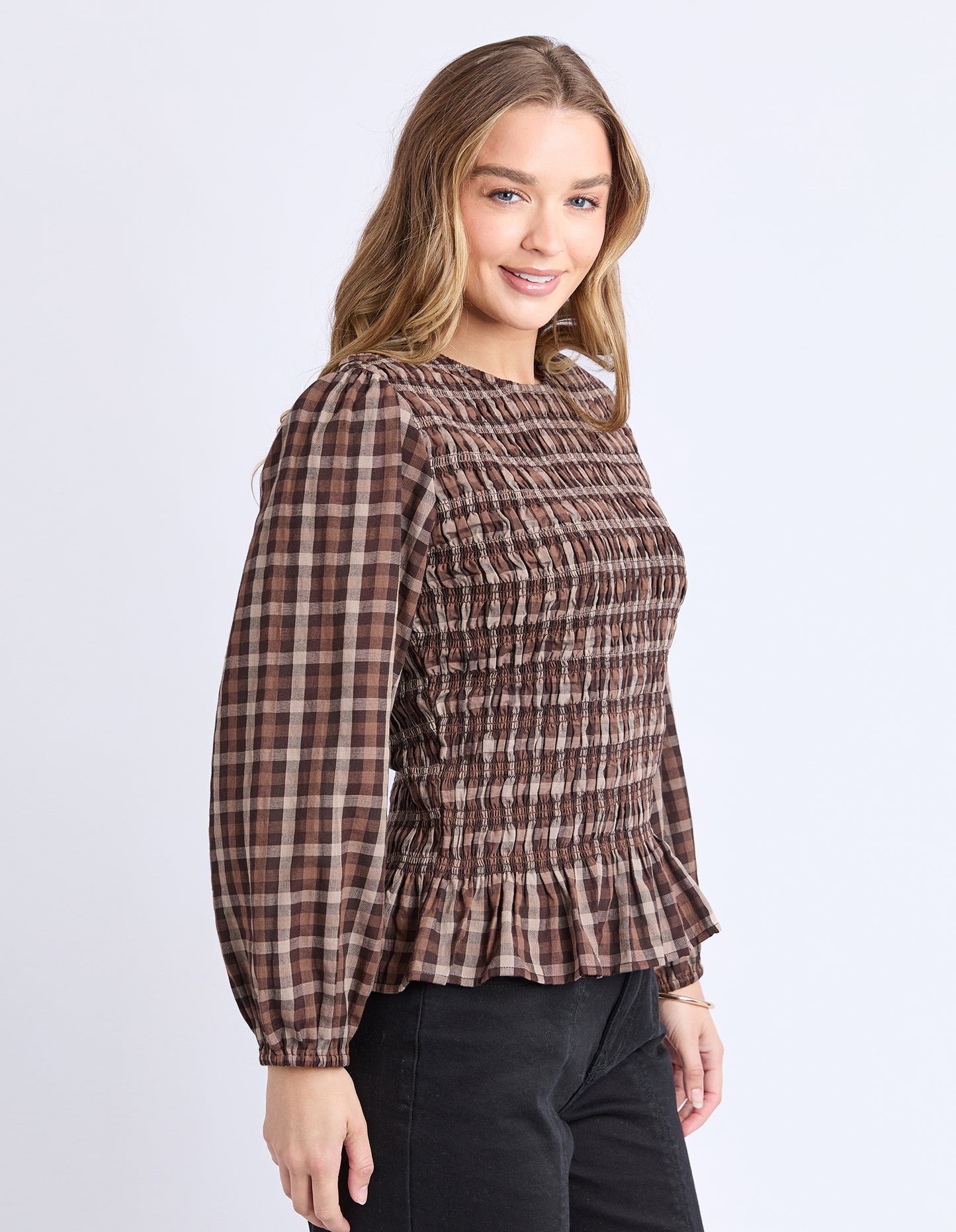 Foxwood Coco Check Top - Coffee Check | Women's Shirred Cotton Blouse